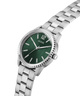 Silver GUESS Mens Silver Tone Analog Watch with a green dial on a white background lifestyle