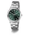 Silver GUESS Mens Silver Tone Analog Watch with a green dial on a white background