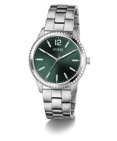 Silver GUESS Mens Silver Tone Analog Watch with a green dial on a white background