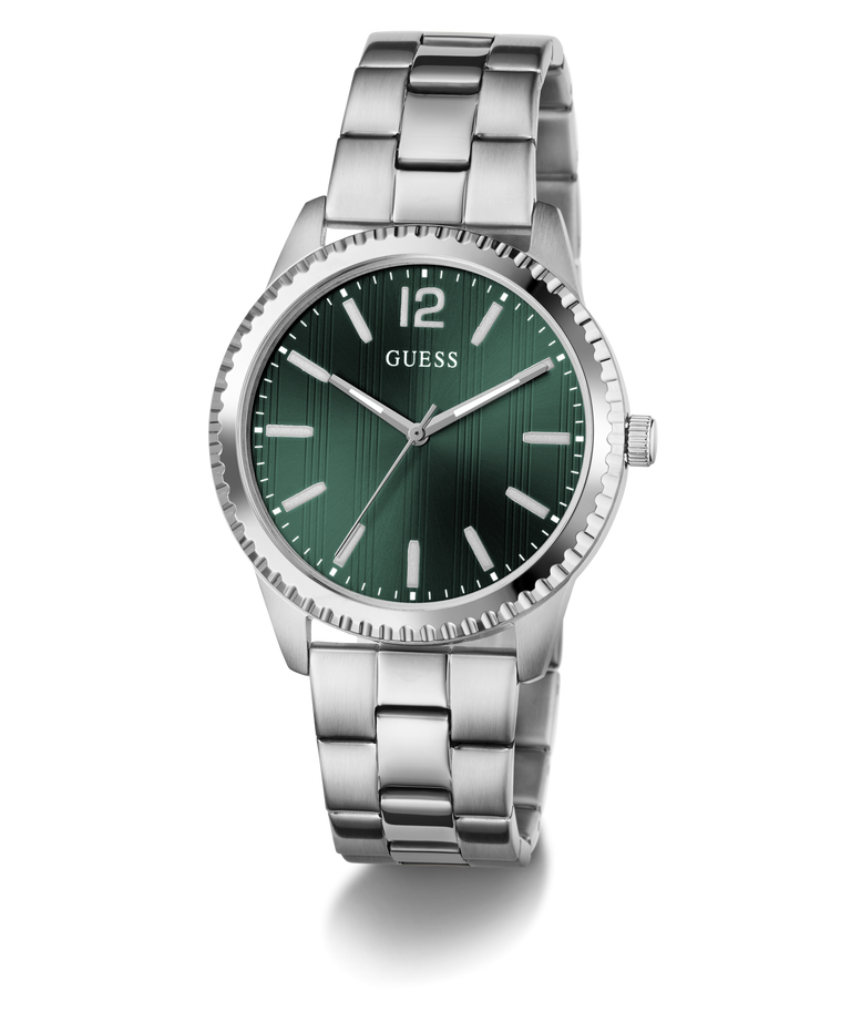 Silver GUESS Mens Silver Tone Analog Watch with a green dial on a white background