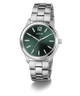 Silver GUESS Mens Silver Tone Analog Watch with a green dial on a white background