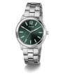 Silver GUESS Mens Silver Tone Analog Watch with a green dial on a white background
