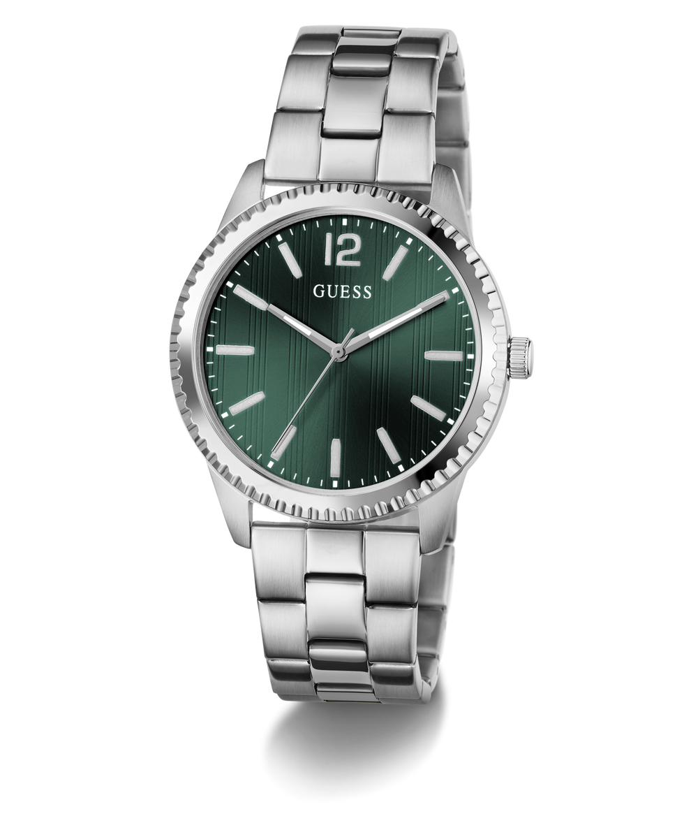 Silver GUESS Mens Silver Tone Analog Watch with a green dial on a white background