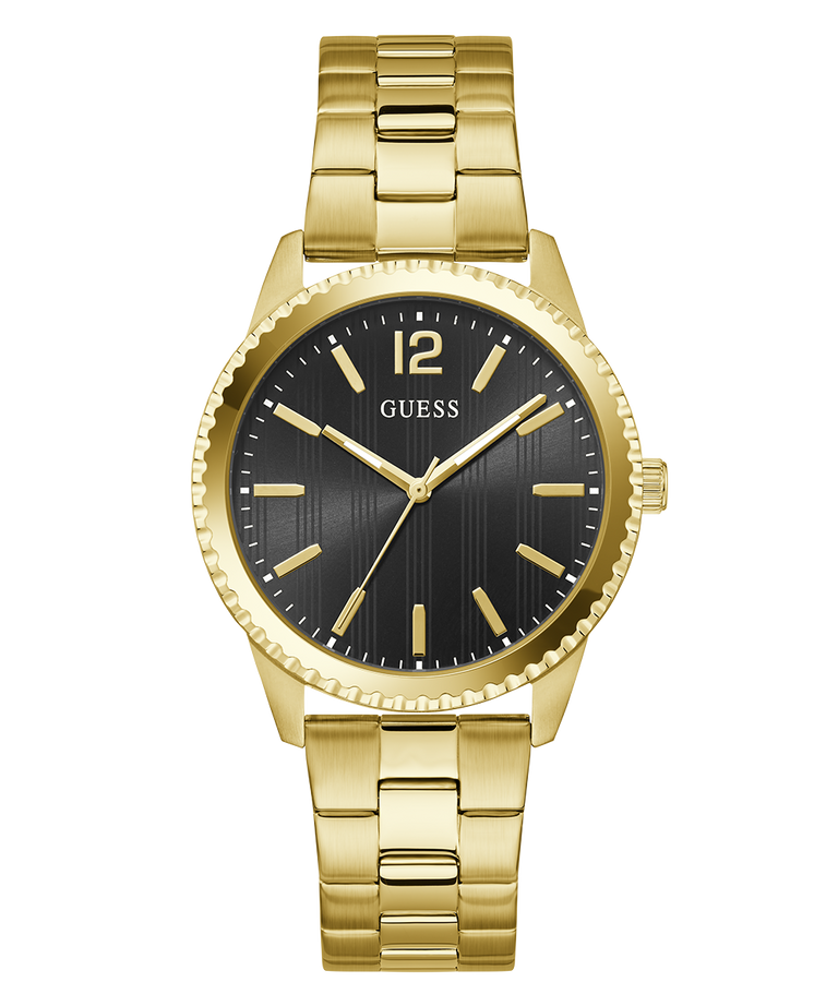 Gold GUESS Mens Gold Tone Analog Watch with black dial on a white background