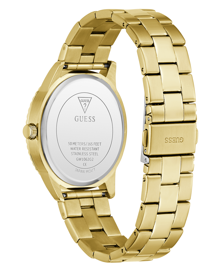 Gold GUESS Mens Gold Tone Analog Watch with metal band on a white background