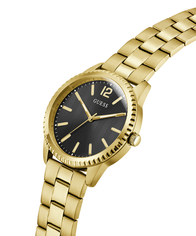 Gold watch with black dial on a white background lifestyle