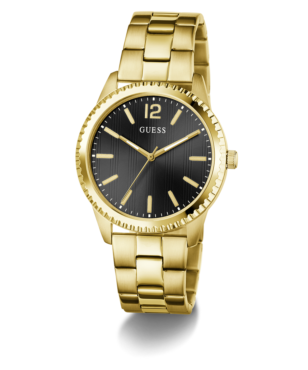 Gold GUESS Mens Gold Tone Analog Watch with black dial on a white background