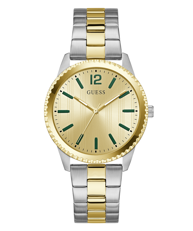 Two-tone silver and gold GUESS Mens 2-Tone Analog Watch with green accents on a white background