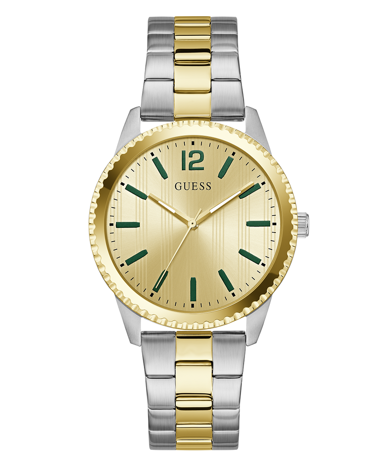Two-tone silver and gold GUESS Mens 2-Tone Analog Watch with green accents on a white background