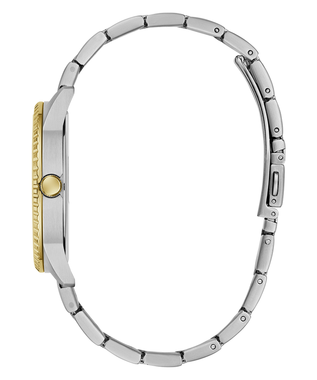 Close-up of a GUESS Mens 2-Tone Analog Watch with a silver and gold band on a white background