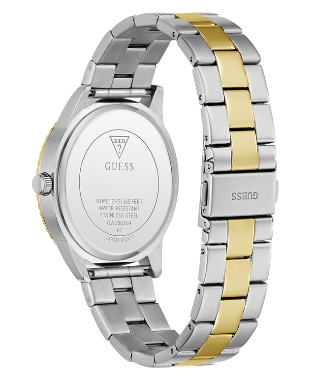 Two-tone silver and gold GUESS Mens 2-Tone Analog Watch with visible Guess logo on a white background
