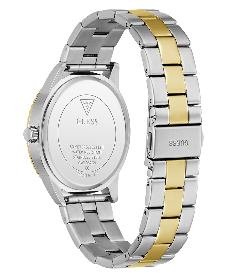 Two-tone silver and gold GUESS Mens 2-Tone Analog Watch with visible Guess logo on a white background