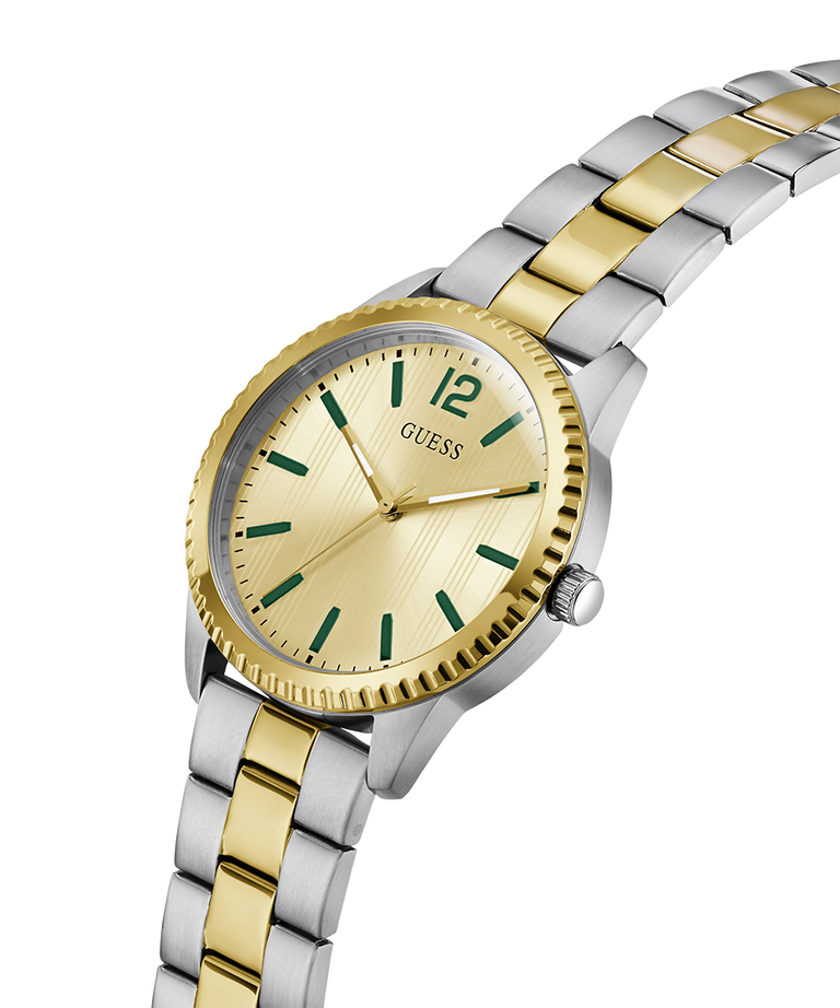 Two-tone gold and silver watch with green accents on a white background lifestyle