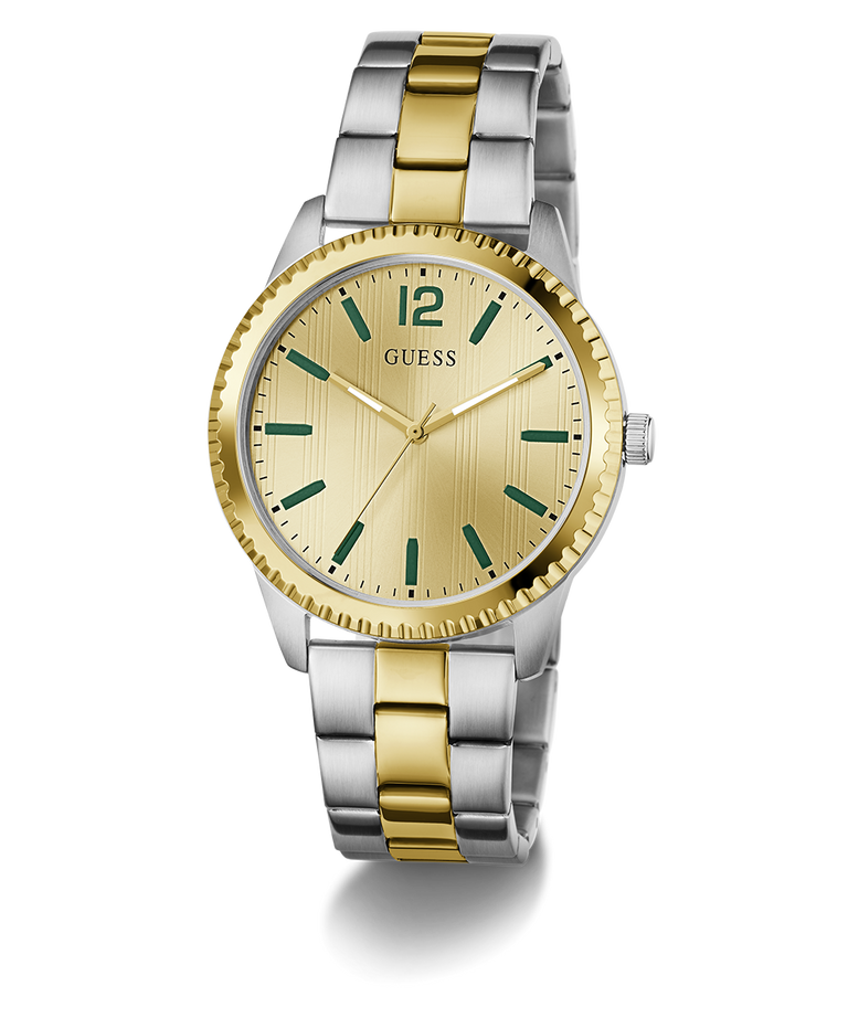Two-tone silver and gold GUESS Mens 2-Tone Analog Watch with green accents on a white background