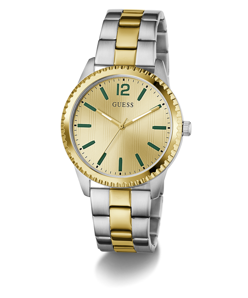 Two-tone silver and gold GUESS Mens 2-Tone Analog Watch with green accents on a white background