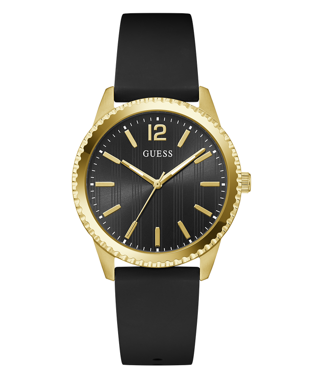 Black and gold GUESS Mens Black Gold Tone Analog Watch with a black strap on a white background