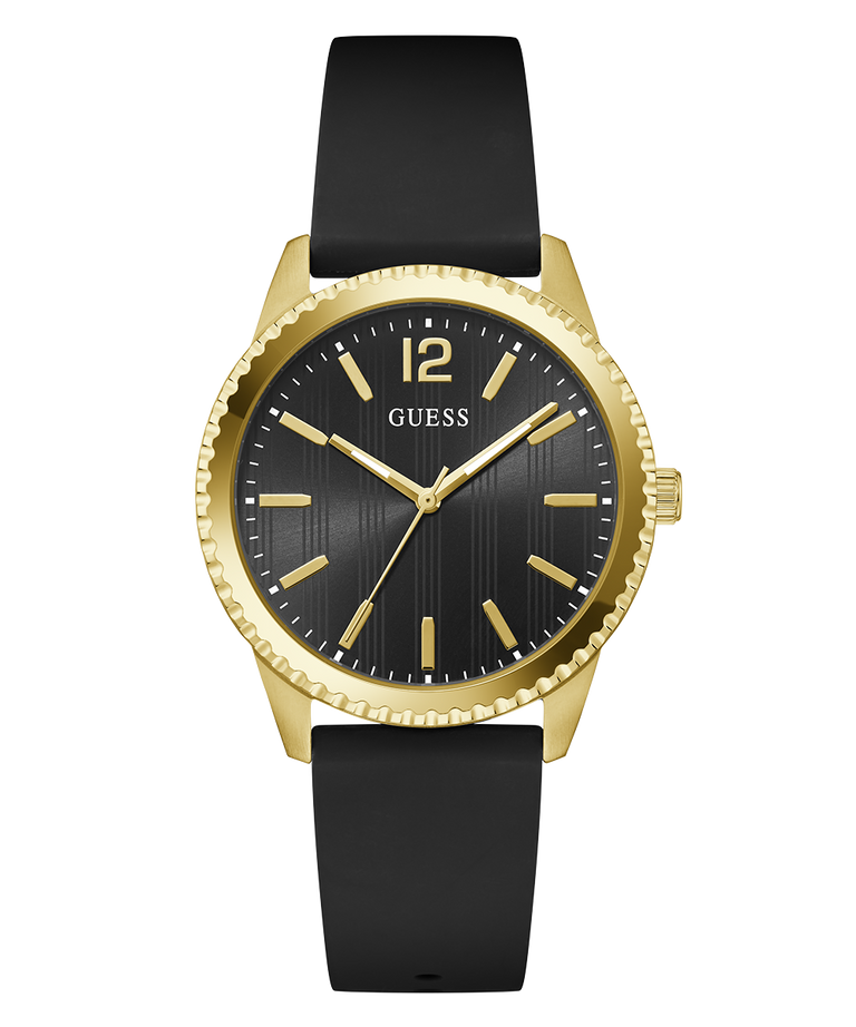 Black and gold GUESS Mens Black Gold Tone Analog Watch with a black strap on a white background