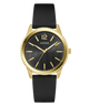Black and gold GUESS Mens Black Gold Tone Analog Watch with a black strap on a white background