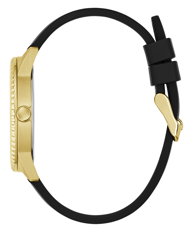 Watch with black strap and gold case on a white background