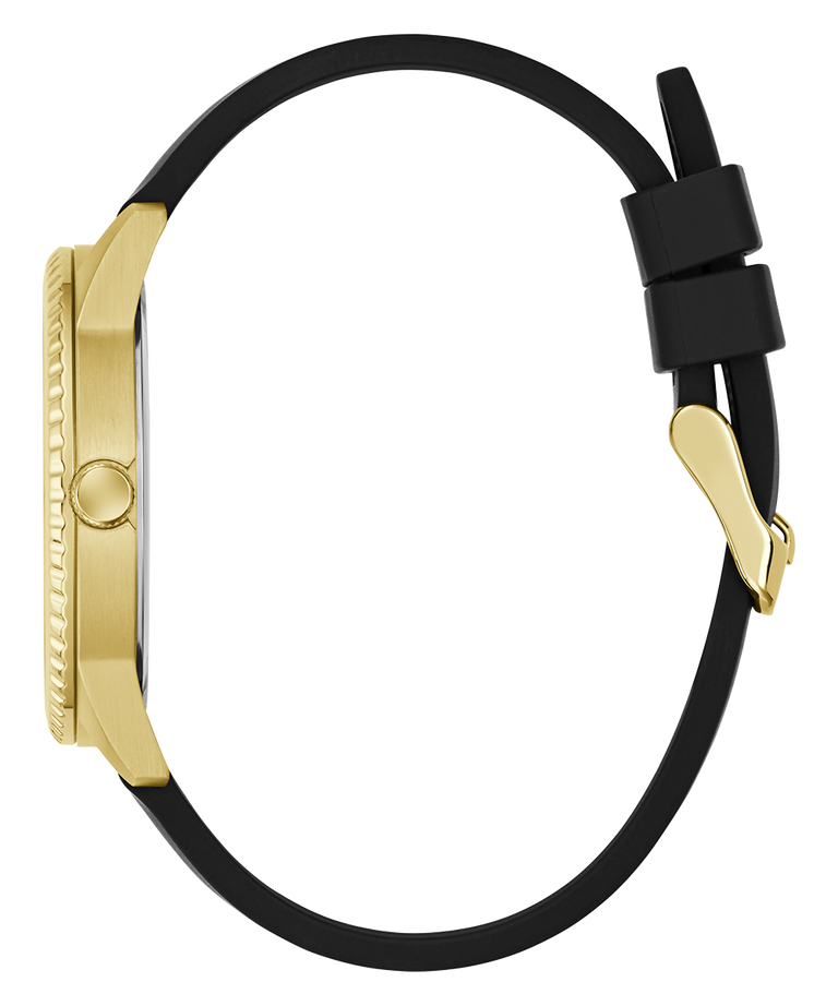 Watch with black strap and gold case on a white background