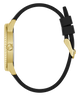 Watch with black strap and gold case on a white background