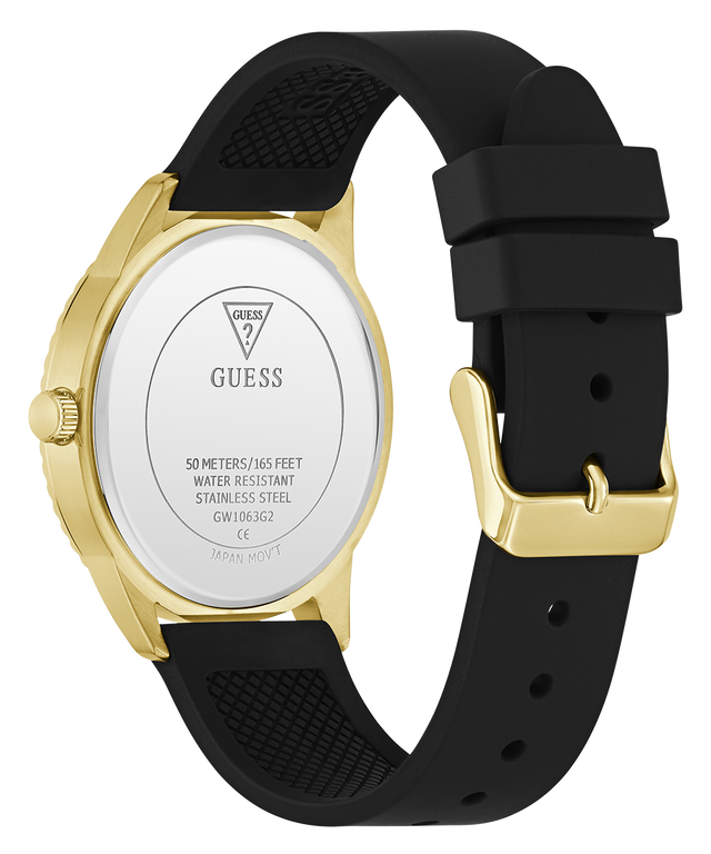 Guess GUESS Mens Black Gold Tone Analog Watch with black strap and gold case on a white background