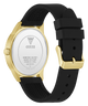 Guess GUESS Mens Black Gold Tone Analog Watch with black strap and gold case on a white background