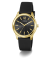 Black and gold GUESS Mens Black Gold Tone Analog Watch with 'Guess' branding on a white background