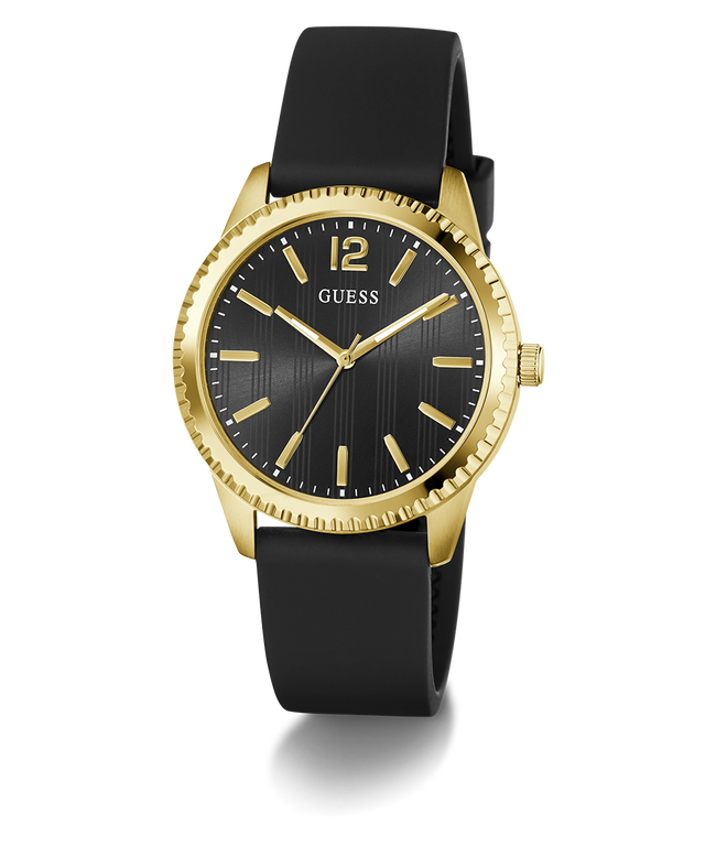 Black and gold GUESS Mens Black Gold Tone Analog Watch with 'Guess' branding on a white background