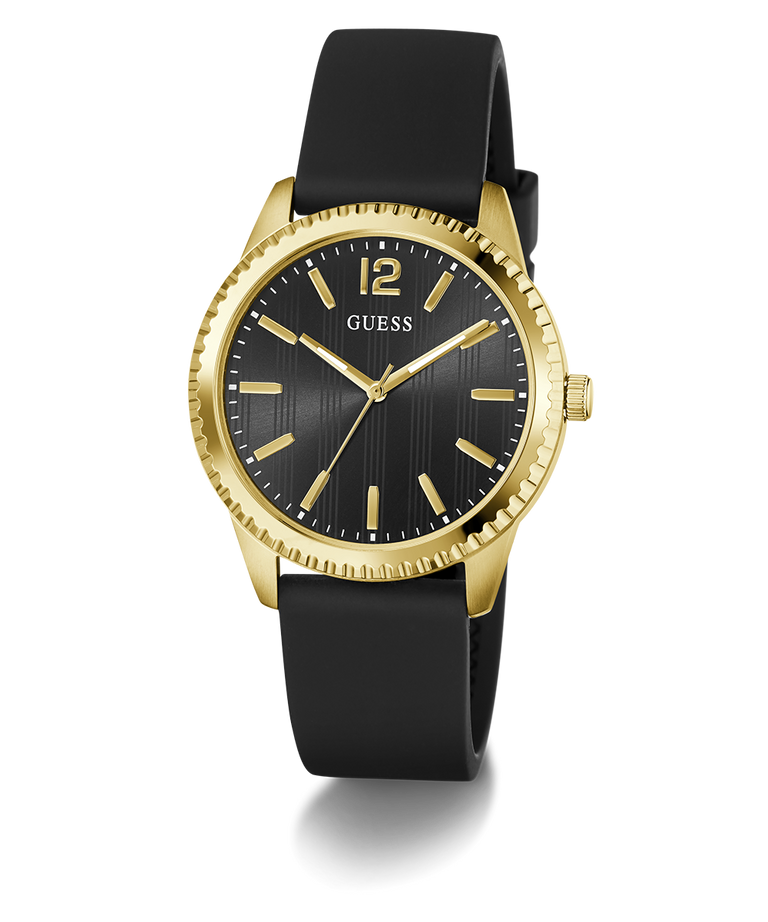 Black and gold GUESS Mens Black Gold Tone Analog Watch with 'Guess' branding on a white background