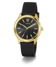 Black and gold GUESS Mens Black Gold Tone Analog Watch with 'Guess' branding on a white background