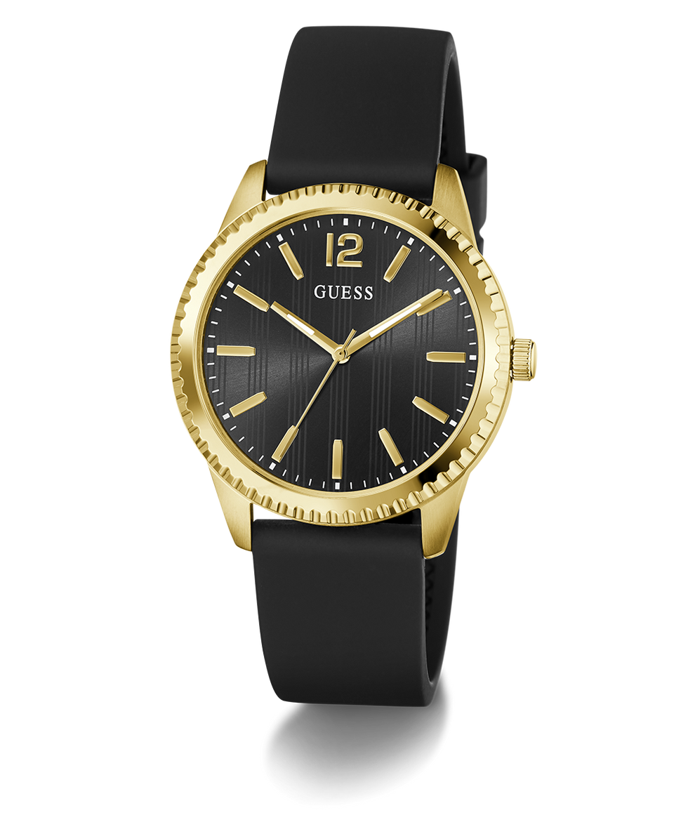 Black and gold GUESS Mens Black Gold Tone Analog Watch with 'Guess' branding on a white background