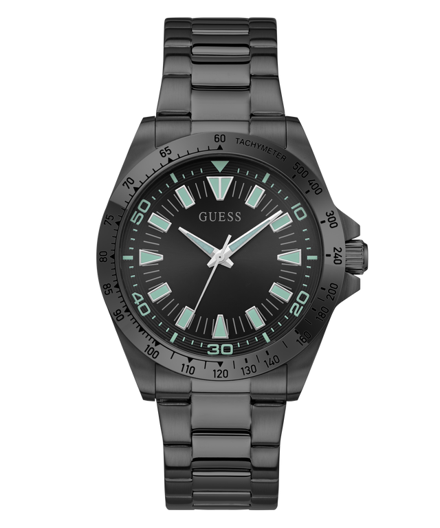 Black Guess watch with green accents on a white background