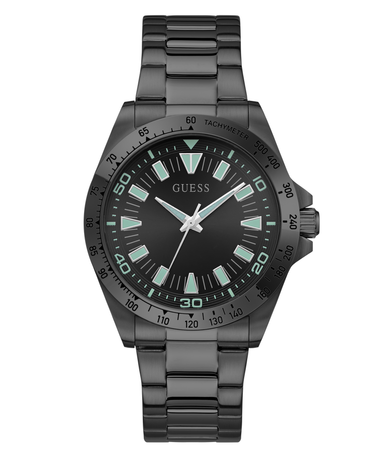 Black Guess watch with green accents on a white background