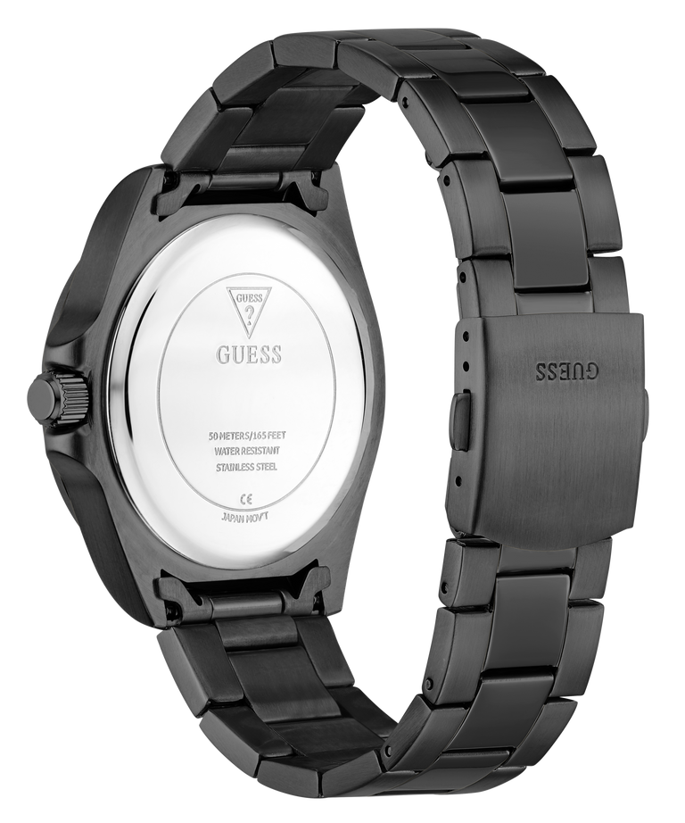 Black Guess watch with a white face on a white background