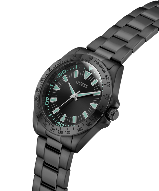 Black wristwatch with a metallic band on a white background lifestyle