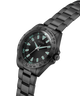 Black wristwatch with a metallic band on a white background lifestyle