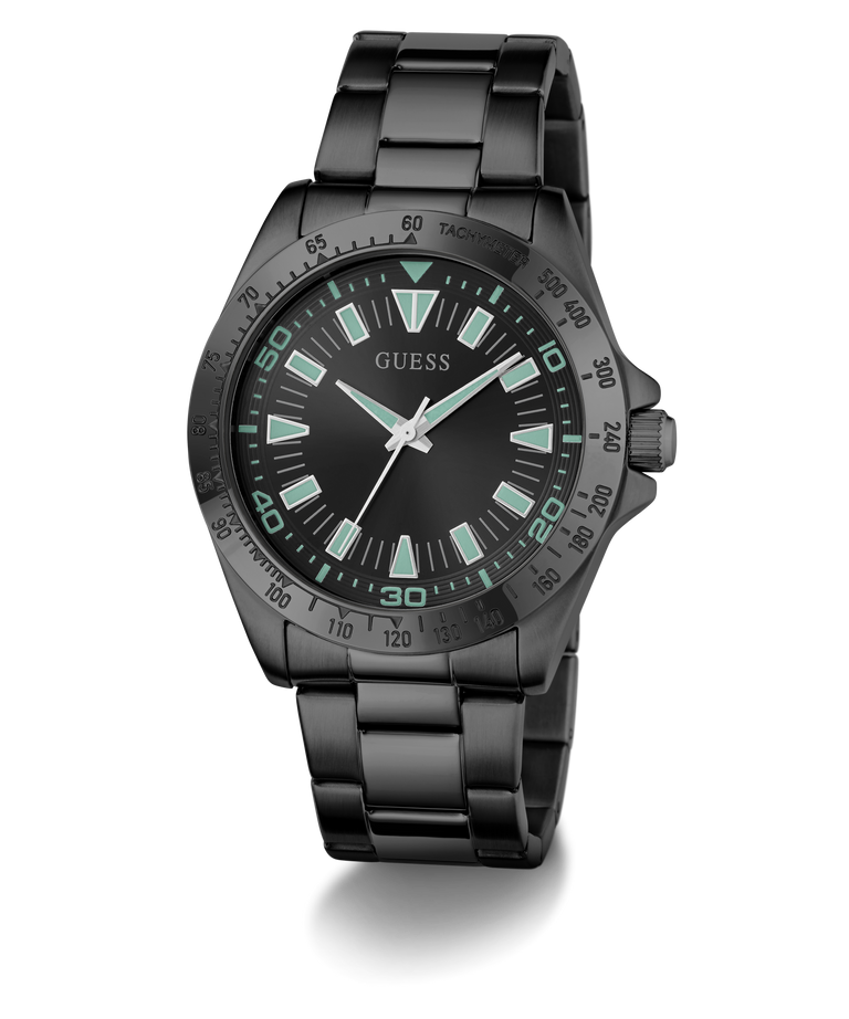 Black Guess watch with green accents on a white background