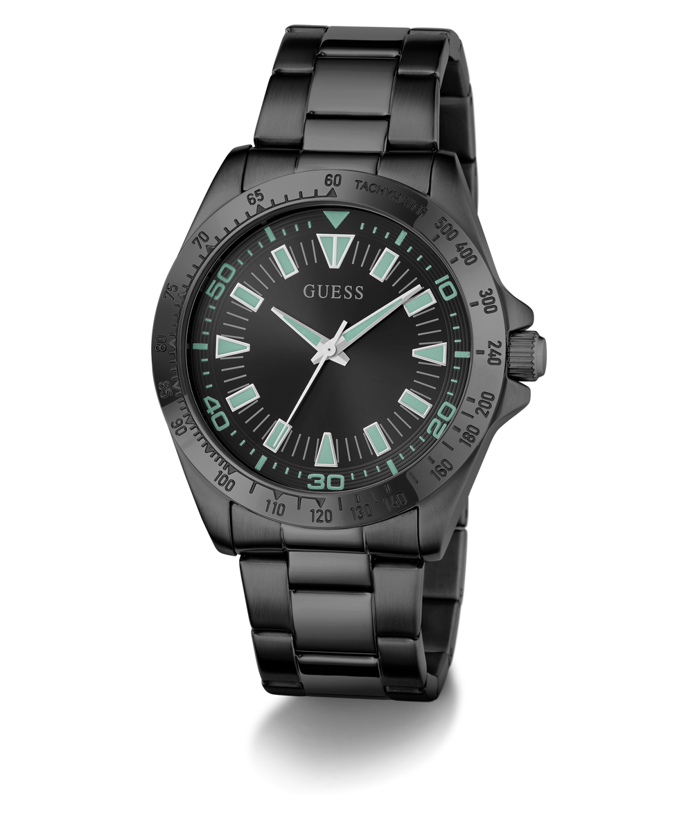Black Guess watch with green accents on a white background