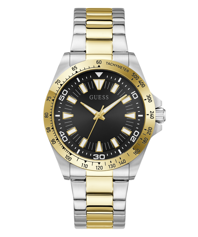 Two-tone silver and gold watch with black dial on a white background