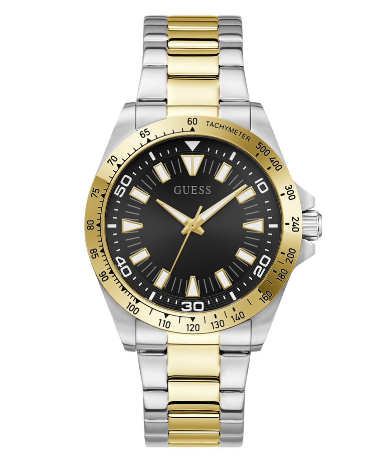 Two-tone silver and gold watch with black dial on a white background
