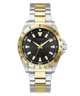 Two-tone silver and gold watch with black dial on a white background