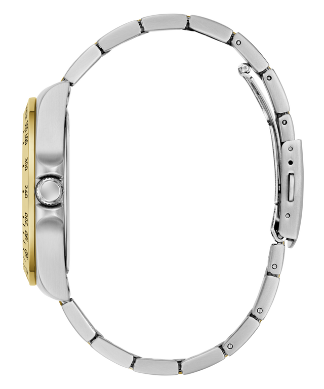 Close-up of a silver watch band with gold accents on a white background