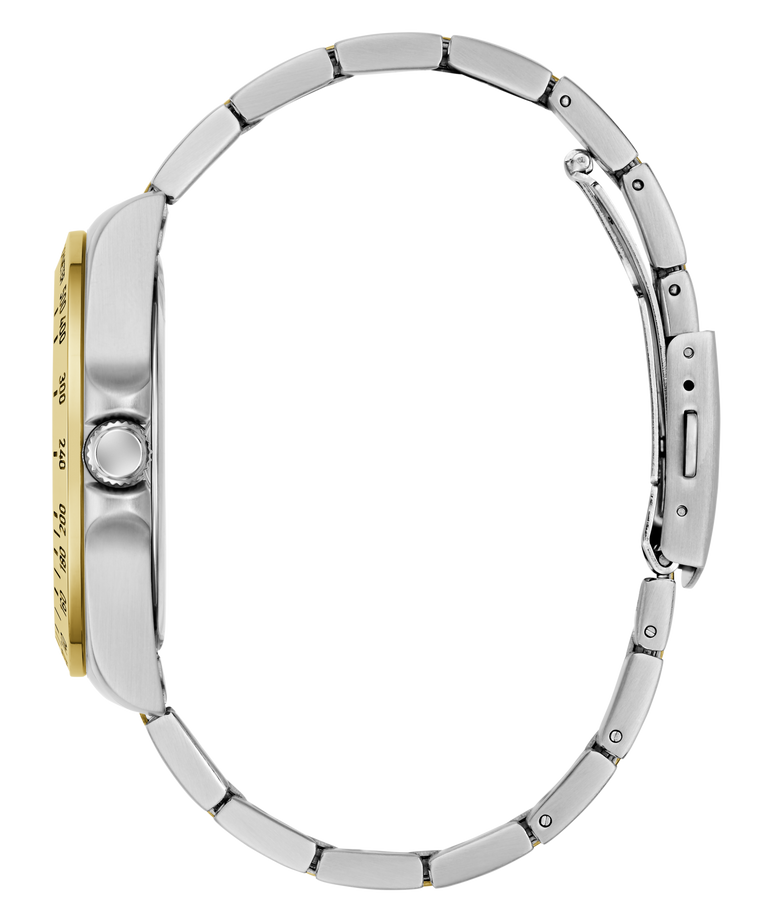 Close-up of a silver watch band with gold accents on a white background