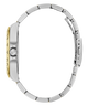 Close-up of a silver watch band with gold accents on a white background