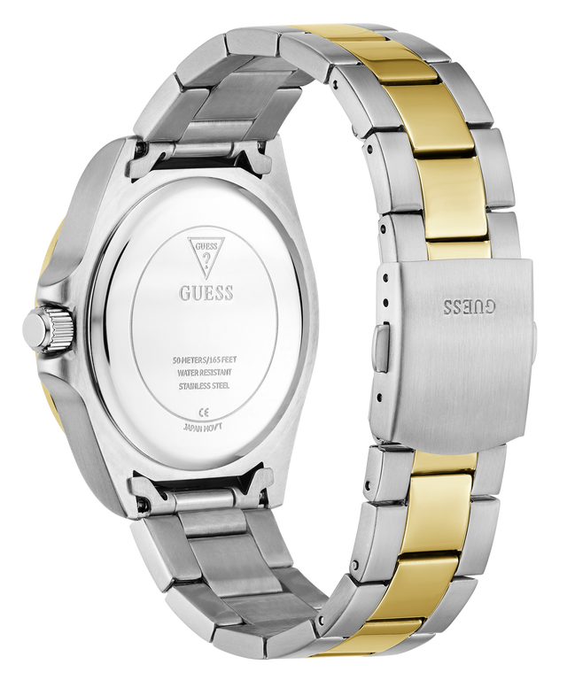 Two-tone silver and gold watch with visible brand logo on a white background