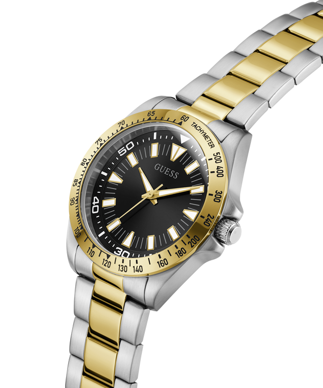 Two-tone silver and gold watch with black dial on a white background lifestyle