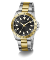 Two-tone silver and gold watch with black dial on a white background