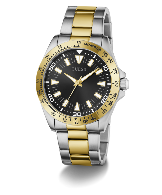 Two-tone silver and gold watch with black dial on a white background