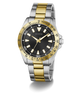 Two-tone silver and gold watch with black dial on a white background